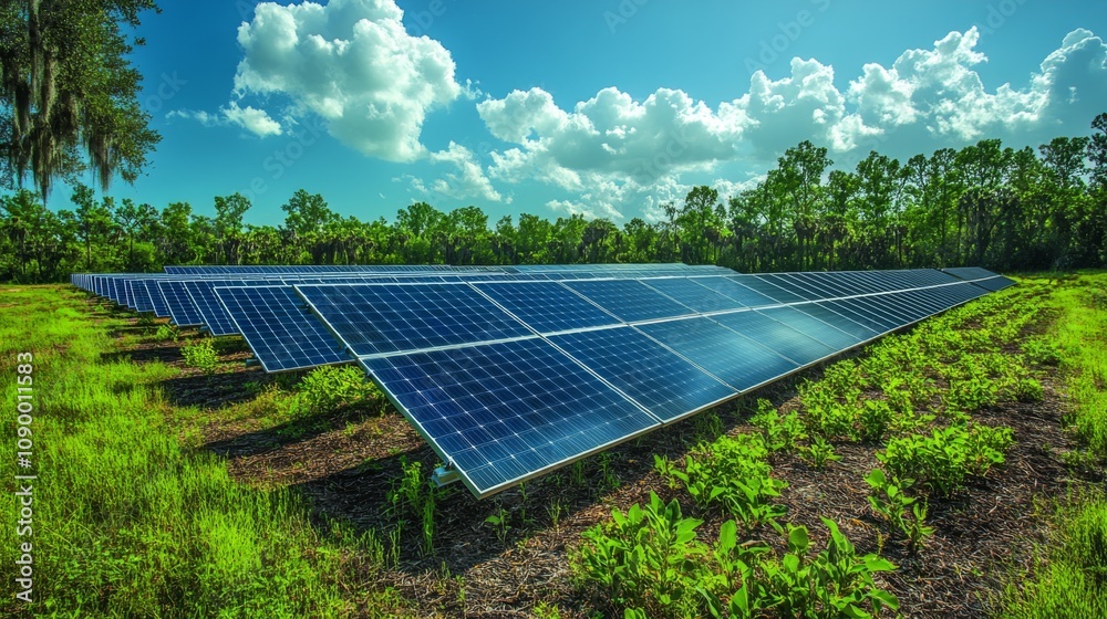 Poster rows of solar panels capture sunlight in a lush green field, surrounded by trees under a clear sky f