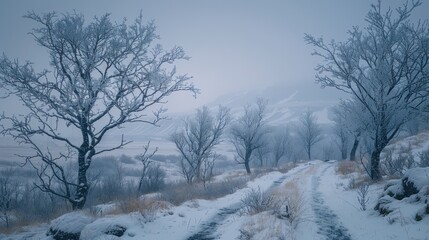 Obraz premium Snowy landscape with bare trees and a winding path in fog.