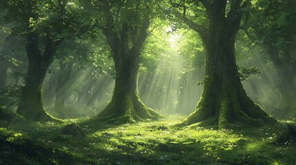 Fototapeta premium Sunlight filtering through trees forest nature scene serene atmosphere