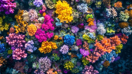 Fototapeta premium Vibrant coral reef teeming with diverse colorful corals.