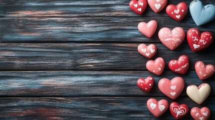 Charming Collection of Colorful Wooden Hearts on Rustic Wooden Background
