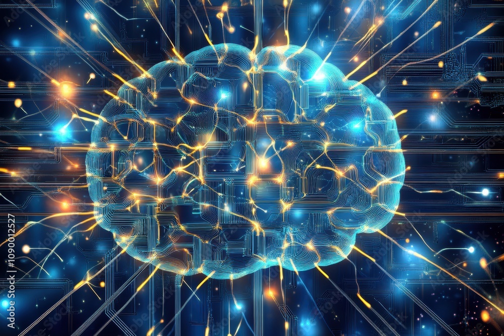 Leinwandbilder This artwork depicts an abstract digital brain, illustrating intricate neural pathways and connections illuminated in bright colors. Generative AI