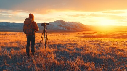 Photographer Capturing Sunset Over Mountain Landscape