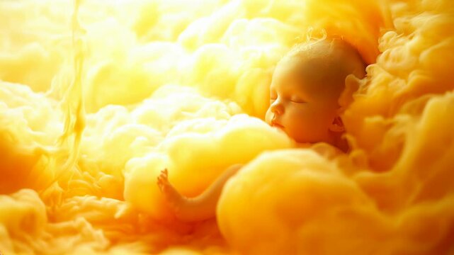 Little human baby inside mother womb. Small embryo in uterus. Cute unborn child sleep in belly. Origin beginning of life concept. Woman pregnancy. Childbirth medical science uterus, foetus