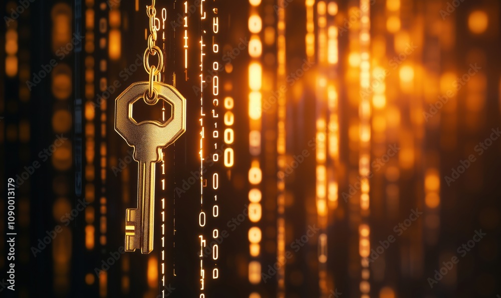 Poster golden key digital security concept, binary code background, symbolizing encryption and access contr