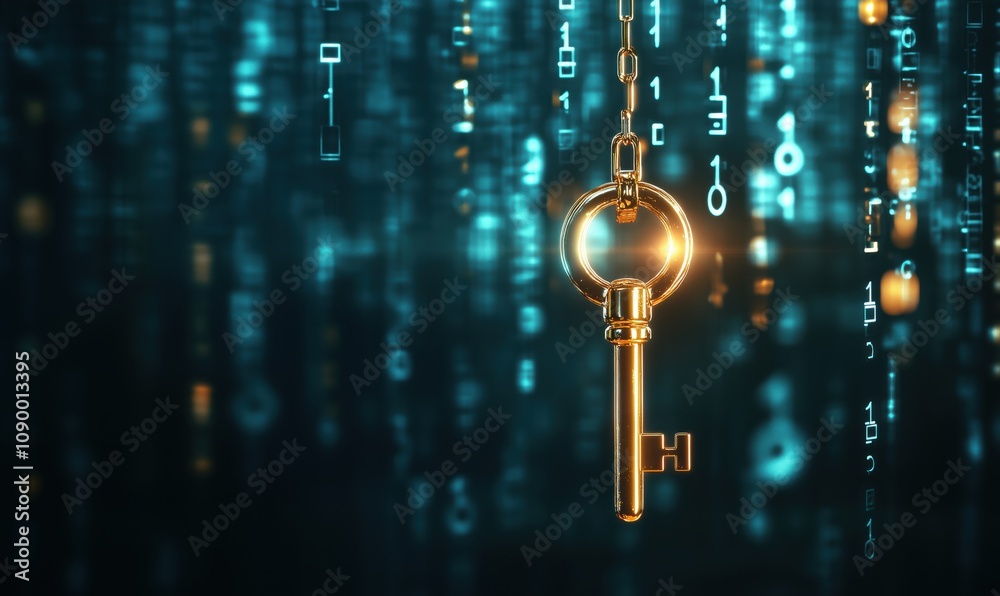 Poster golden key hanging in digital matrix, symbolizing security and access, surrounded by glowing binary 
