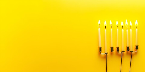 Fototapeta premium Menorah candles beautifully displayed on the right side of a sunny yellow panoramic background, with ample copy space to spare.