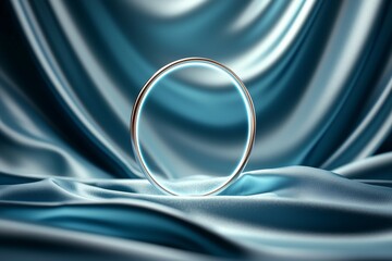 A silver ring is displayed on a blue background