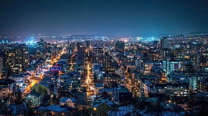 Nighttime cityscape with illuminated buildings and streets.