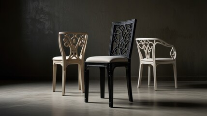 Here's a possible response formatted as requested.. Three elegant chairs with ornate backs, in beige and black, shown against a dark backdrop.