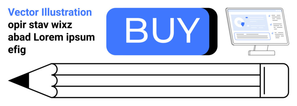 BUY button, black-and-white pencil, computer monitor displaying a website, blue and black text. Ideal for e-commerce, marketing, web design, education, online shopping, call-to-action, business - Powered by Adobe