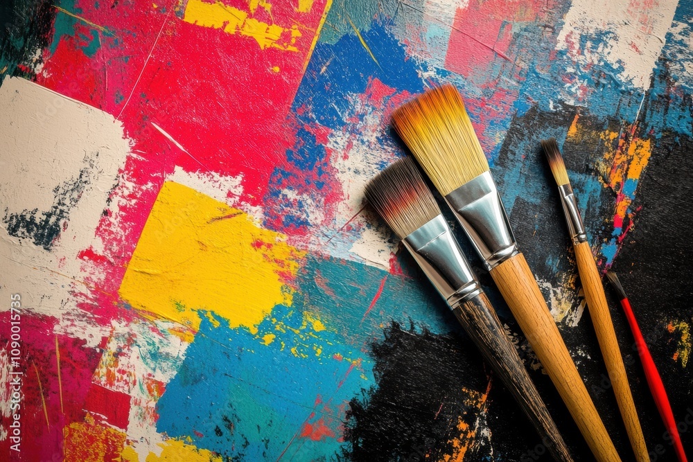 Poster colorful paint strokes intertwine with brushes on a textured surface, showcasing an energetic, artis