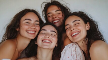 Obraz premium Four Smiling Women Posing Together in a Joyful Group Portrait, Showcasing Natural Beauty and Happiness in a Bright and Airy Setting