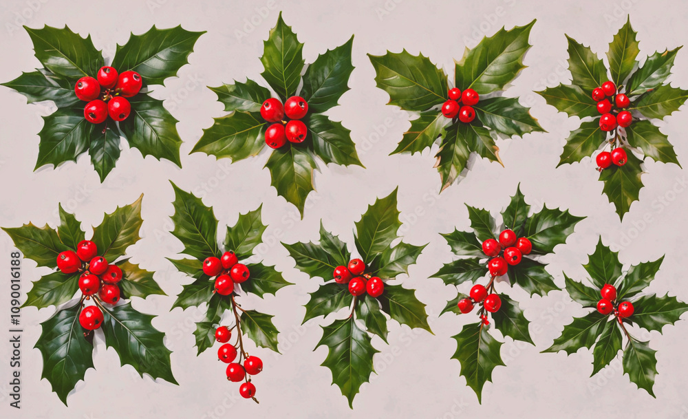 Poster A collection of red berries on a white background. The berries are arranged in a row, with some overlapping each other. Scene is festive and cheerful