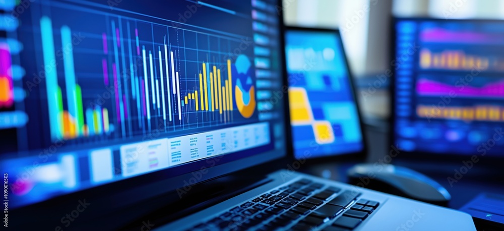 Poster data visualization dashboard with graphs and charts, multiple screens displaying analytics, modern w