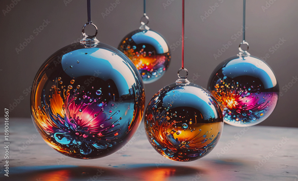 Poster a group of colorful glass ornaments hanging from a string. the colors are bright and vibrant, creati