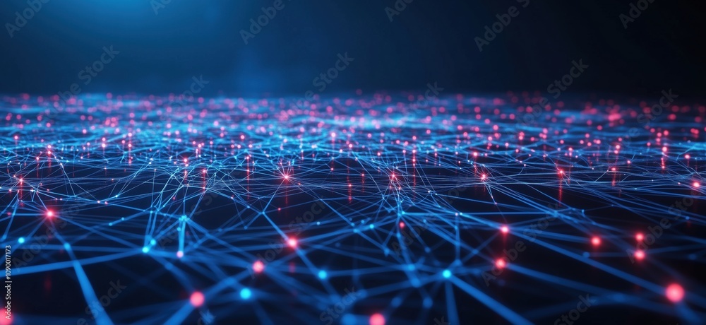 Poster digital network visualization with glowing nodes and connections, abstract representation of data fl