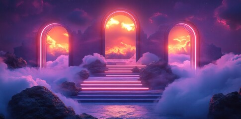 Neon Arches Staircase Leading to a Cloudy Sunset