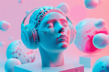 Abstract mannequin head listen music or podcast on headphone. Creativity pop modern art style representing digital fashion.