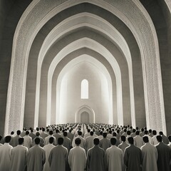 Fototapeta premium A gathering of individuals in a grand, minimalist architectural space.