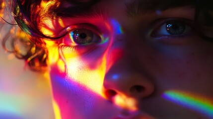 Close-up portrait of young person's face illuminated by colorful light.