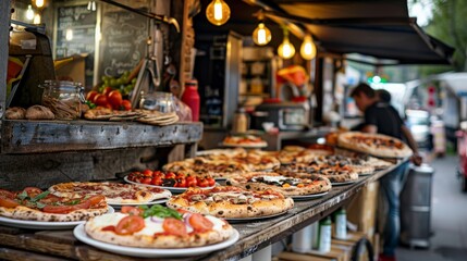 Obraz premium A rustic Italian street cart selling freshly baked pizza slices with a variety of toppings