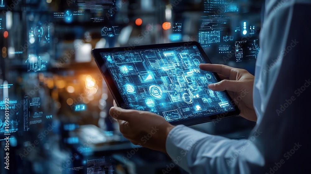 Poster person using tablet device with digital interface displaying futuristic data and charts in a modern 