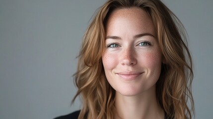Fototapeta premium Natural Portrait of a Smiling Woman with Freckles, Capturing Genuine Emotion and Radiant Beauty in Soft Lighting, Ideal for Stock Photography Collections