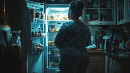 Woman gazing into open fridge at night in kitchen