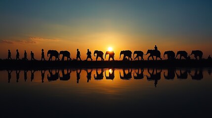 Fototapeta premium Silhouette of parade of people and elephants is a long straight line. The front is a water reflect. The back is the evening sun. 