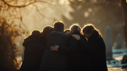 A group of family members hugging or holding hands for comfort, dressed in black, in times of grief