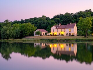 Obraz premium Serene evening reflection of a charming house by the lake countryside peaceful atmosphere