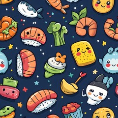 Seamless Design with Kawaii-Style Food Characters, Cheerful and Vibrant