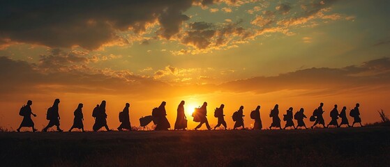 Convoy of refugees walking on a dusty road at sunset with silhouetted figures against a golden sky
