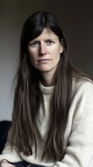 Fototapeta premium Portrait of a serious woman with long straight brown hair wearing a cozy sweater