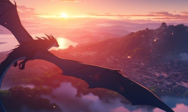 dragon flying over sunset valley