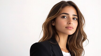 Fototapeta premium Professional Portrait of a Young Woman with Long Hair in a Suit Against a Neutral Background, Ideal for Business and Lifestyle Imagery