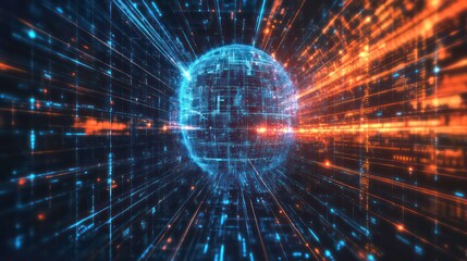 Obraz premium Abstract digital sphere with glowing lines and particles.