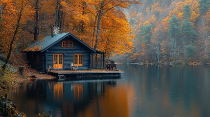 Fototapeta premium A quiet fishing cabin by the edge of a lake, surrounded by vibrant autumn foliage and reflecting golden light on still waters. cozy and nostalgic mood.