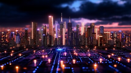 Obraz premium Futuristic Cityscape at Night Illuminated Skyline Smart City Technology