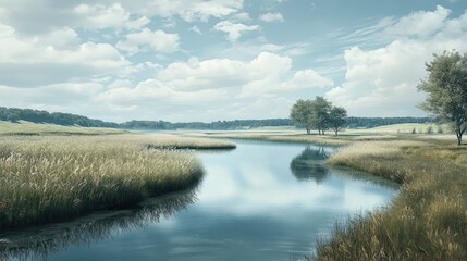 Obraz premium Tranquil River Landscape with Lush Green Grass and Soft Clouds Reflecting in Calm Water Under a Clear Sky in a Serene Natural Environment
