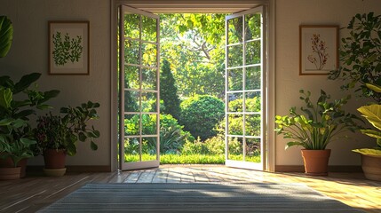 Obraz premium Serene Interior Opening to Lush Garden View