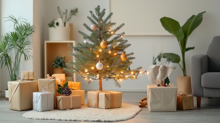 Obraz premium Cozy Christmas Scene with Decorated Tree and Wrapped Presents in a Stylish Living Room with Holiday Ambiance and Warm Lighting