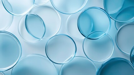 A close-up shot of several blue glass petri dishes scattered on a white background.