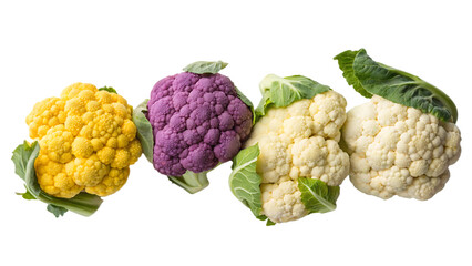 Obraz premium Set of cauliflower green yellow purple and white color isolated on white background as transparent. PNG. AI GENERATED