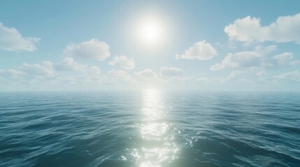 Obraz premium Tranquil Ocean View Under Bright Sunlight with Soft Clouds Reflecting in the Calm Water, Creating a Serene and Peaceful Atmosphere for Relaxation and Inspiration