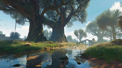 reflection of big trees in the water