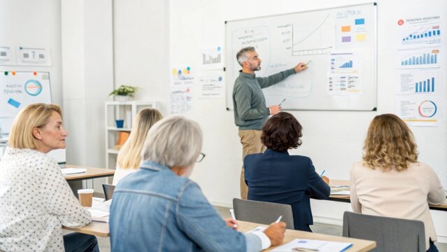 Financial Literacy Class An image of a teacher presenting to a group of adults in a classroom setting focusing on managing personal finances.