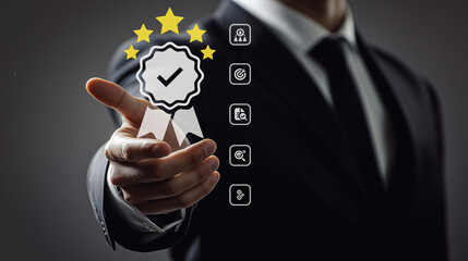 Service excellence certification: A businessman displays a virtual award badge, symbolizing recognition for outstanding service and commitment to quality standards.