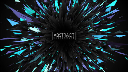 Abstract futuristic black dynamic explosion with colorful sharp blue cyan triangles. Tech-inspired geometric composition background with broken dark geometric triangular shapes. Vector illustration